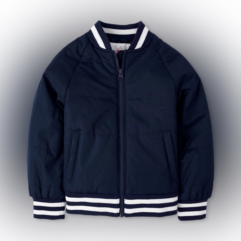 Navy Blue Bomber Jacket with Striped Cuffs